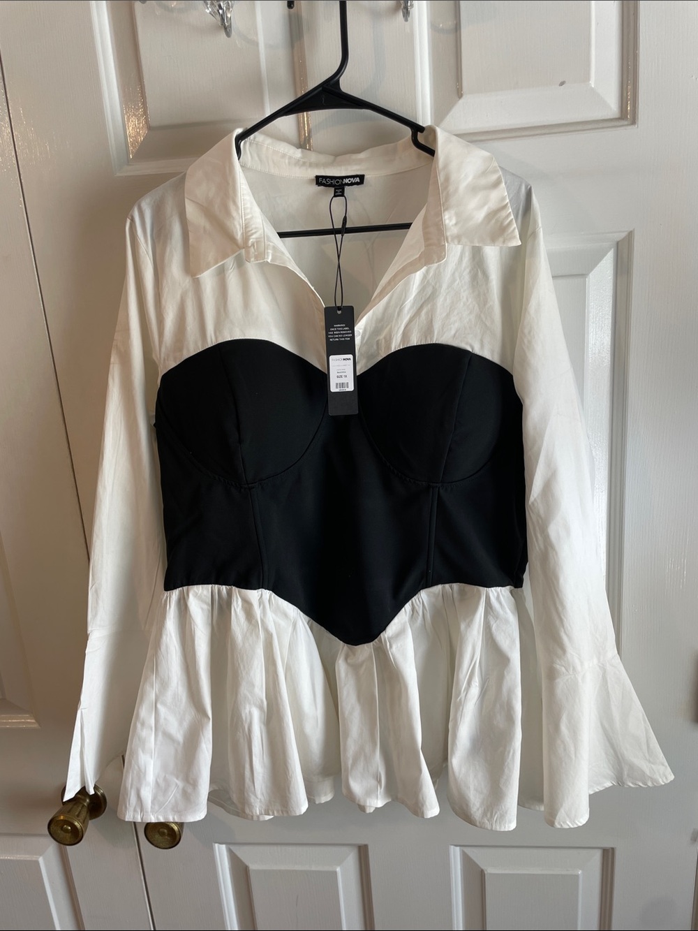 Fashion Nova Black & White Corset Peplum Blouse
